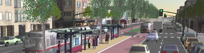 BRT lanes would be demarcated and separated from the adjacent mixed-traffic lanes with a physical design treatment, such as a raised/mountable curb.