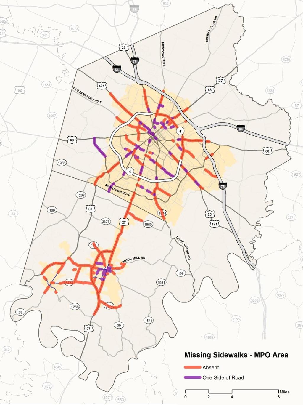 Exhibit 2.35 Location of Sidewalks on Major Roads in the Lexington MPO Area The ability and ease with which pedestrians can cross streets and intersections also affects walkability.