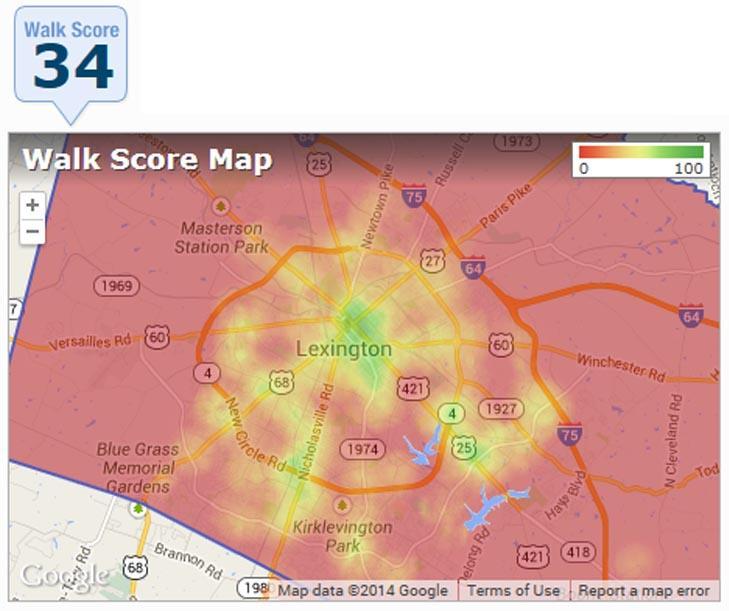 The image below is an example of a walkability score developed from GIS-based data including population density, nearby destinations and the walkability of the street system based on block length and