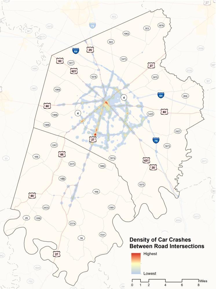 2.4.3 Collision Locations In Fayette County, 27% of all collisions occur at intersections. Exhibit 2.40 shows intersection and between street collision hot spot locations from 2008 to 2012.