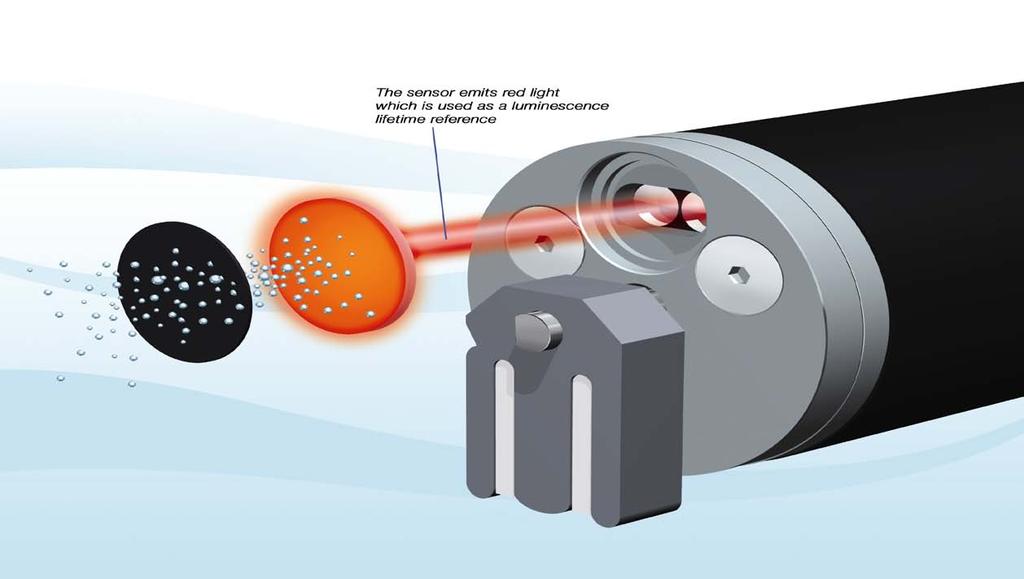 Optical DO Step 2: The sensor emits red light, which is reflected by the sensing element.