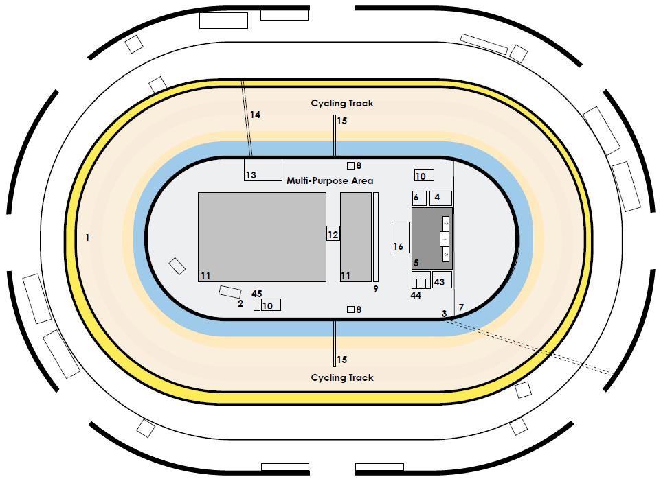 II. FLOOR PLAN INFIELD (1/F) Not to scale Legend 1 Exit/Entrance from/to Velodrome 3 Media entry to track centre 7 Media Centre 12 Starter podium 14 Finish line 15 Pursuit line 16