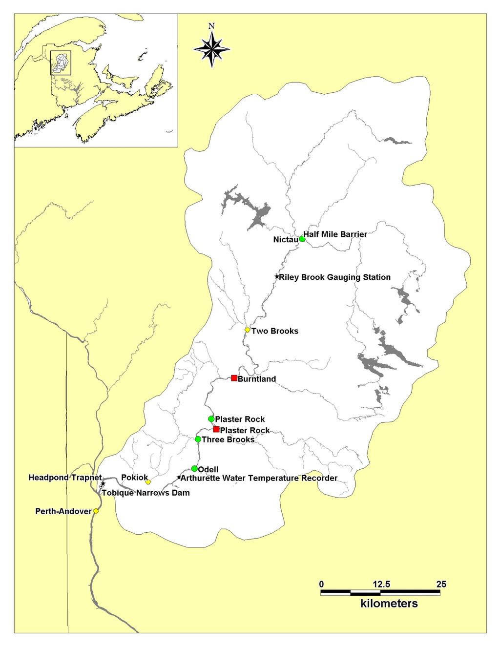Figure 8: Map of Tobique River showing the location of the RSTs (circles), release sites for smolts (squares) and adults (diamonds), the