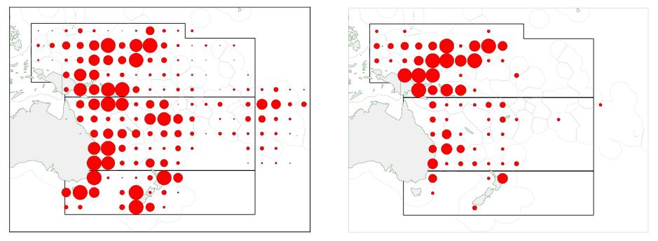 Figure 11. Relative distribution of observed (left) longline sets and (right) marine turtle encounters (1990-2007, Williams et al. 2009) between 1 and 5 per 100,000 hooks, higher for shallower lines.