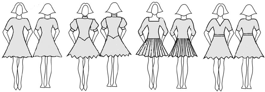 - frills on the skirt or the underskirt, boning, soft boning or