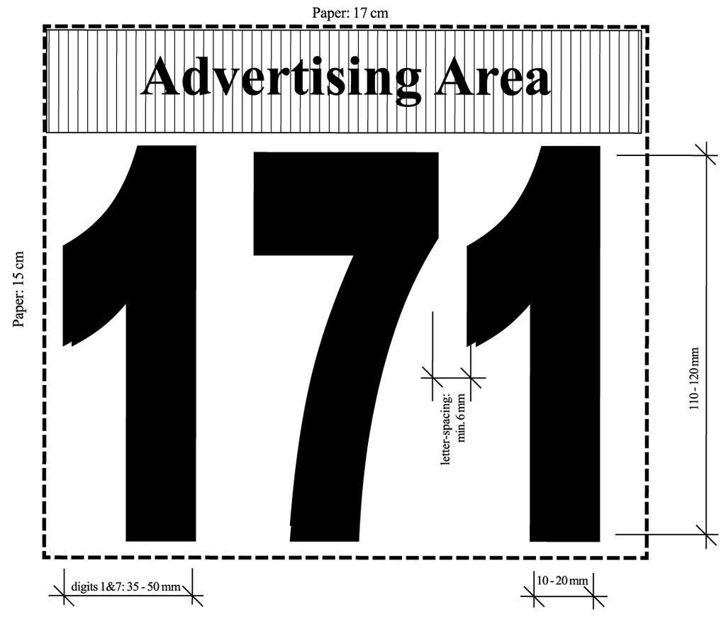 51 Number Card small - with advertising area - 15 x 17cm (showing narrow digits 1&7) This size may be used for all WDSF age groups and is