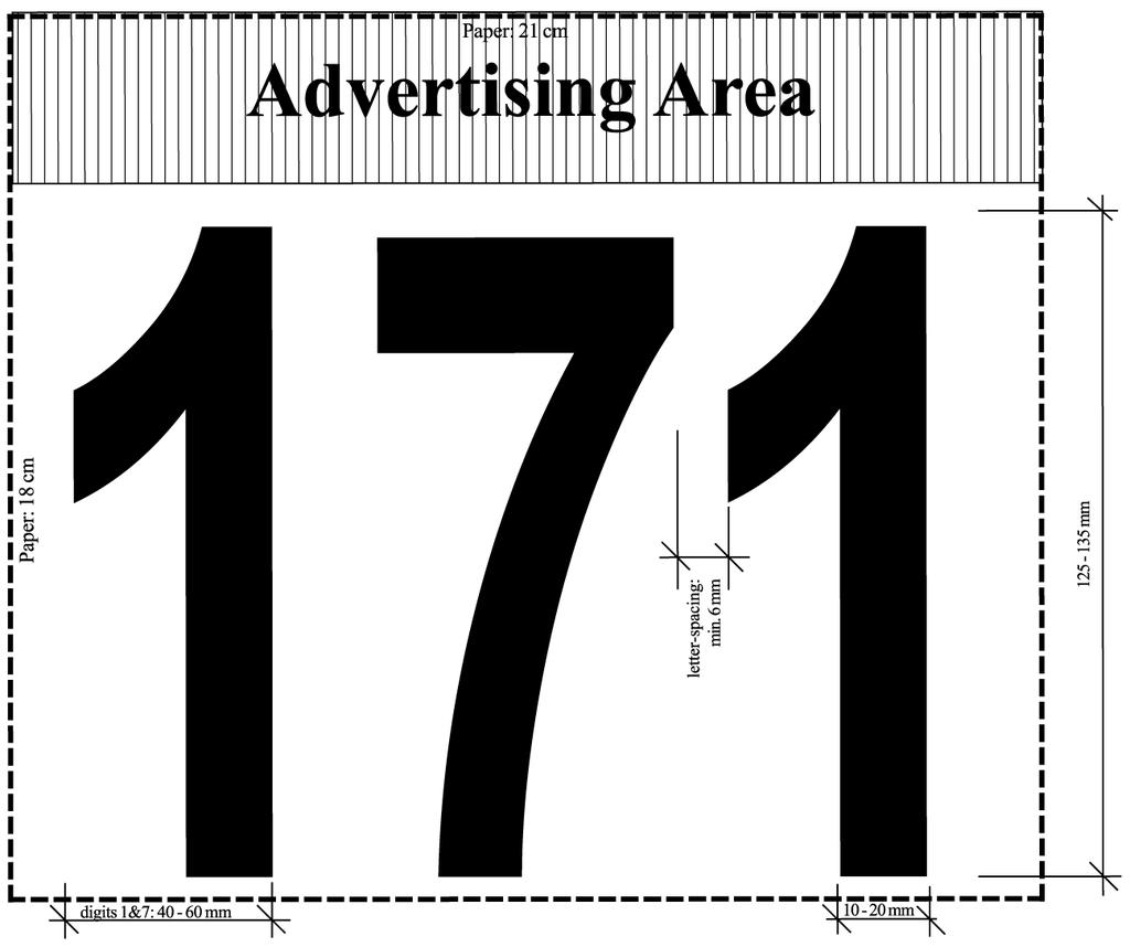 54 Number Card large with advertising area - 18 x 21cm (showing narrow digits 1 & 7) This size may be used only for the following WDSF age groups: