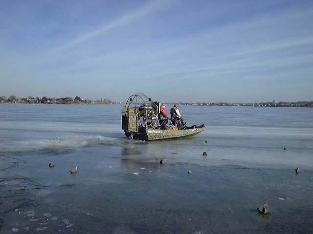 Figure 4. Fan boat used to move across ice and deploy gillnets in Moses Lake, Washington. ii. Avian Predators.