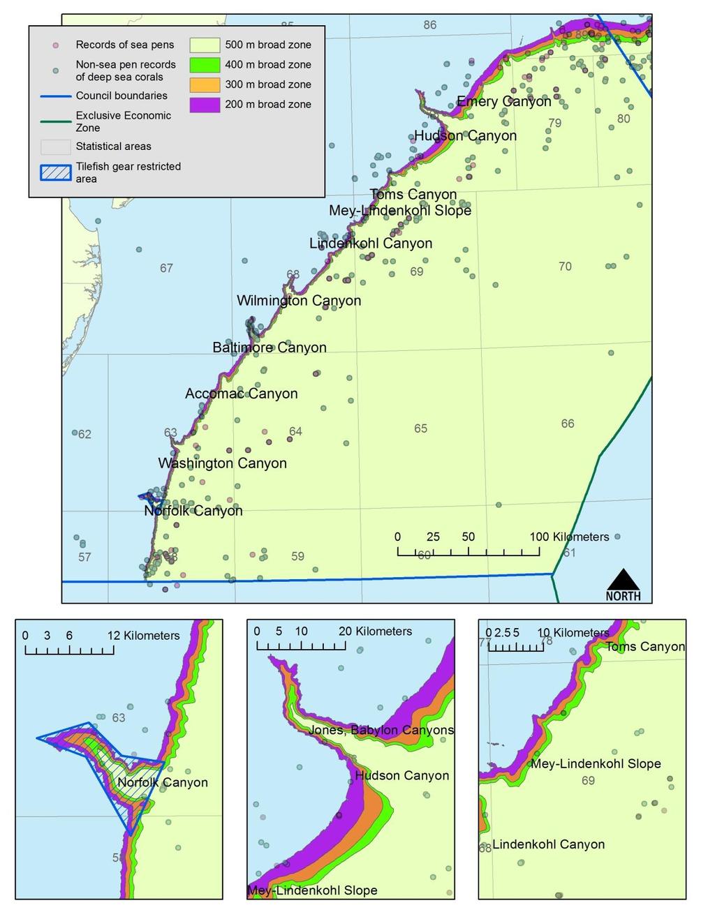 Map 2: Alternatives 1B-1E, showing broad deep sea coral zones