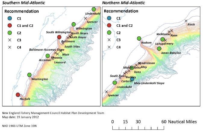 Map 8: NEFMC Habitat PDT recommendations for discrete coral zones in the Mid-Atlantic.