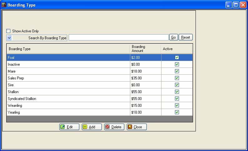 Boarding Type Entry /Edit Form o From the main menu, select Master Files, Boarding Types o The system has a number of default boarding types already present.