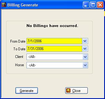 Billing Generate Board Charges To start the billing process, the system needs to calculate board and procedure charges for each horse, and allocate all charges to the appropriate owner(s) based upon