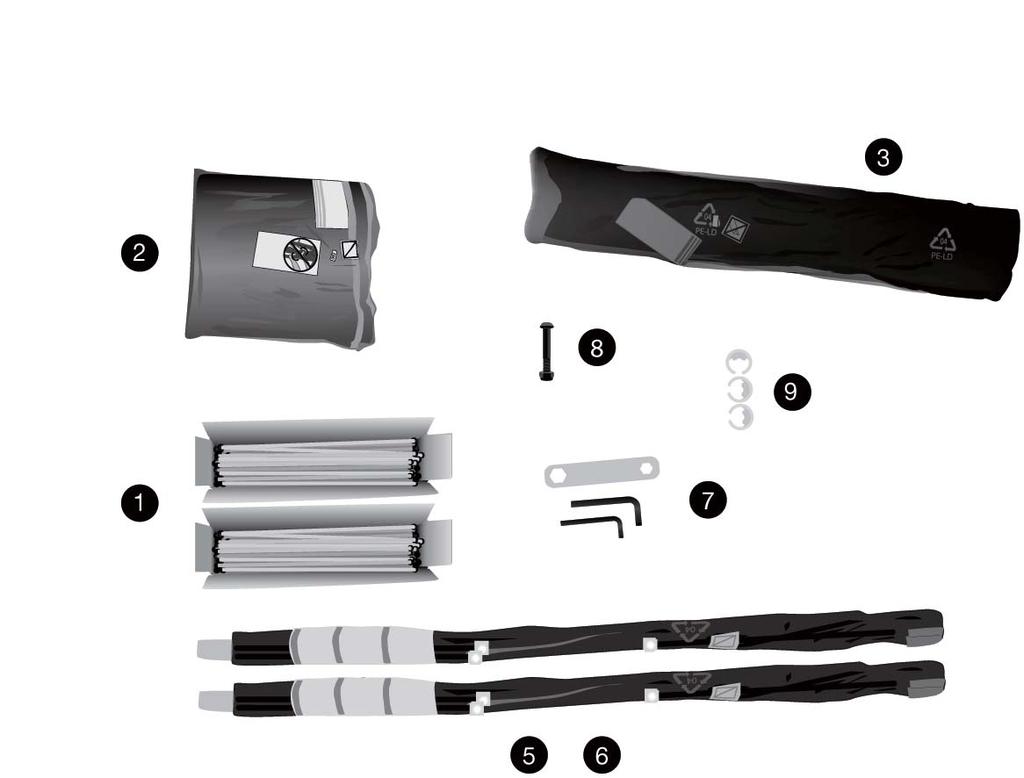 1 7 5 5 1 2 3 4 5 Part Quantity Part Quantity White Mat Rods 80 6 Black Net Rods 12 Mat 1 7 Wrenches 3 Net 1 8 Spare Small Bolt & Nut 1 C-clips (attached to frame) Horizontal Net Rods 12 4 9