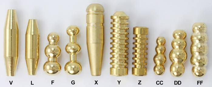 POLISHED BRASS SPINNER BODIES Style Weight (oz) Hole Diameter Pkg100 A 1/32 0.050 B 3/64 0.048 C 0.06 0.055 D 0.07 0.055 E 1/8 0.048 F 1/5 0.