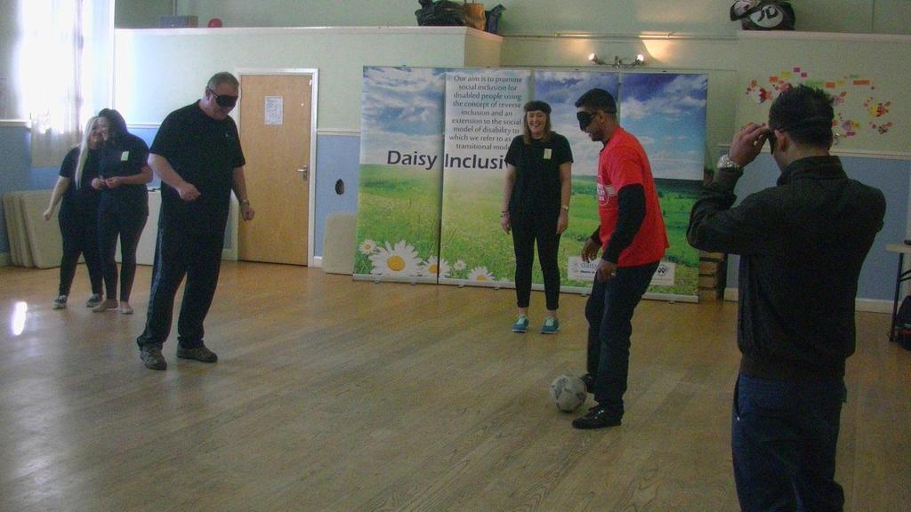 Ding Ding round 2 We showed Amir and Harry the skills and grace of blind football; they were up for it and both wore blindfolds and they soon realised the importance of good