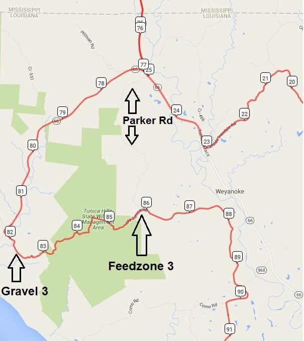 Gravel and feedzone 3 Feedzone 3 [Old Tunica Rd & Parker Rd] o From Feedzone 2: Travel 0.4mi east on Ft.
