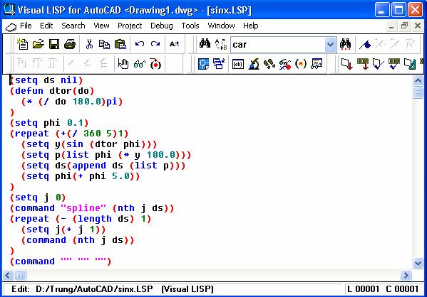 Được gọi bằng lệnh Vlisp hoặc chọn từ Tools menu -> AutoLISP->Visual LISPEditor sẽ xuất hiện màn