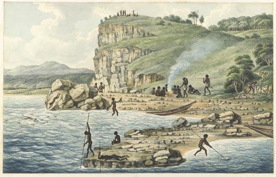 The Awabakal nation J Painted by then Newcastle-based colonial artist Joseph Lycett, this work depicting Aborigines spearing fish, others