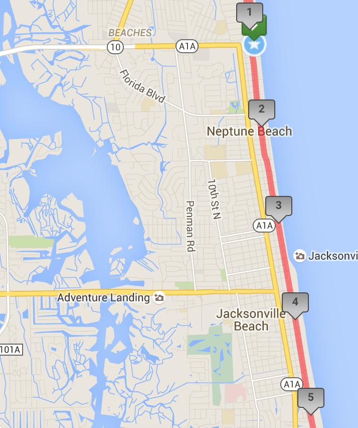 Mile 2-5: Neptune & Jax Beaches Runners will remain on first street through jacksonville beach, approaching ponte vedra CL1 (crew location #1) Crew vehicles: for the