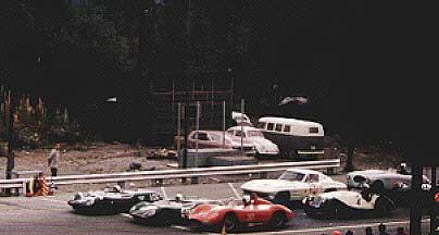 In the pits at Westwood: GB is in pit #4 on the left (see white box). In pit #1 is Jim Murray s Plus 4 SS, car #10.