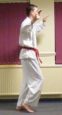 2 Move the back (right) foot forwards whilst chambering a knifehand strike
