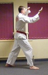 Complete the step forwards into a right walking stance whilst executing an