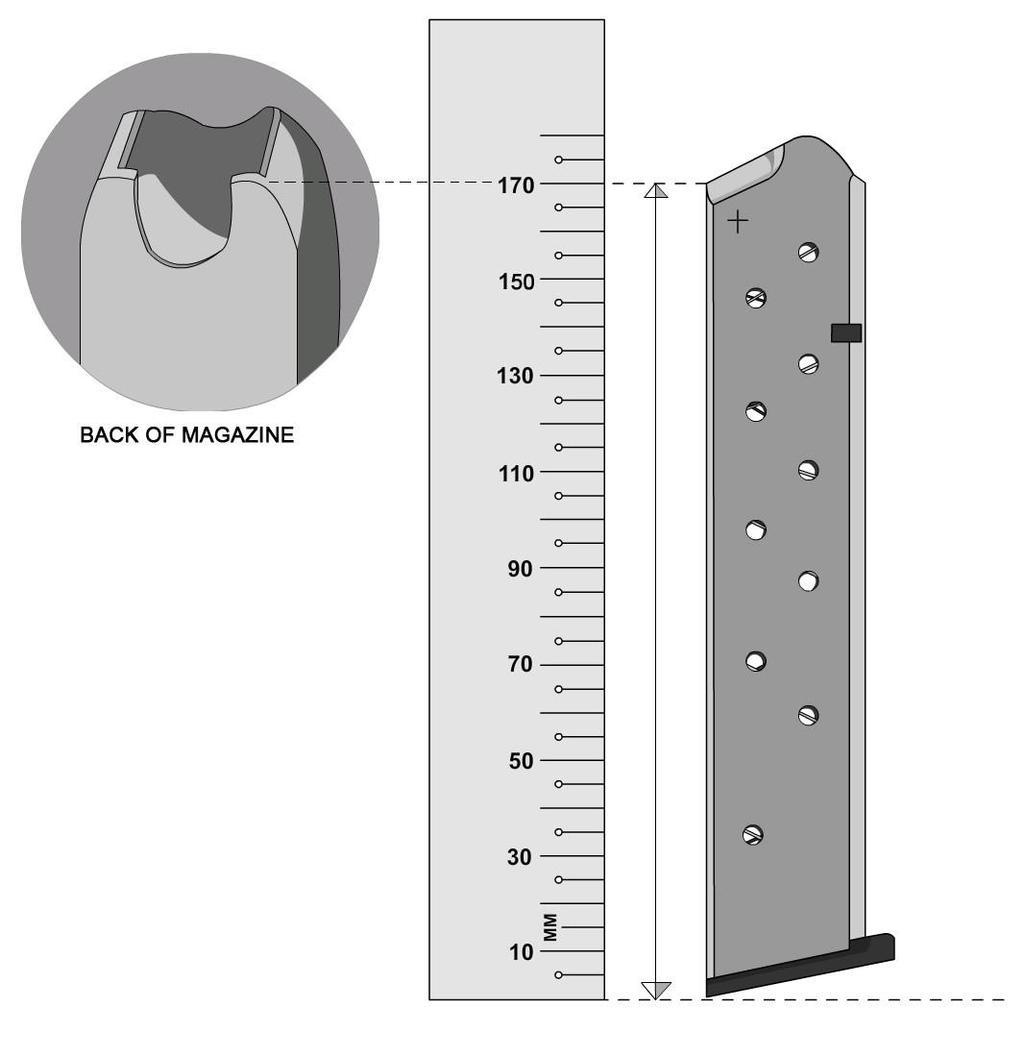 APPENDIX E1: Magazine Measurement Procedure The magazine is placed vertically upright on a flat surface, with the measurement taken from the flat surface upwards to the rear of the
