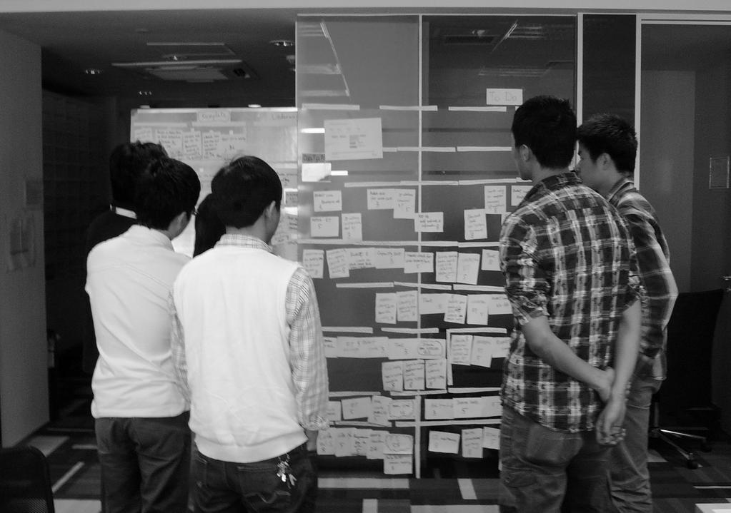 Many teams also make use of a visual task-tracking tool, in the form of a wall-sized task board where tasks (written on Post-It Notes) migrate during the Sprint across columns labeled Not Yet
