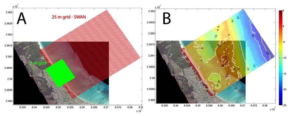 Figure 3 - A: the nearshore (5 m) and regional (25 m) SWAN grids for Waimanalo and B: the bathymetry Once the return runup elevation and its spatial location is found for each grid line, the