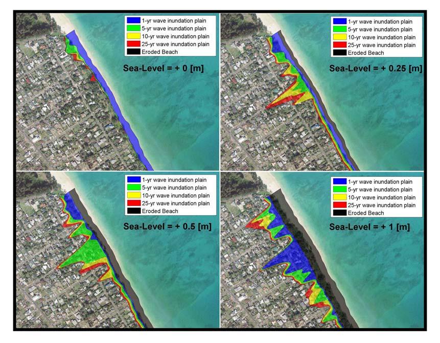 Figure 6 - Illustrating approach #2 - inundation contours for different scenarios of sea-level rise [0 (at present time), +0.25 (2025), +0.5 (2050), +1.