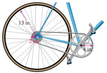 17. The sprockets and chain of a bicycle are shown in the figure below. The pedal sprocket has a radius of 4 in., the wheel sprocket has a radius of 2 in., and the wheel has a radius of 13 in.