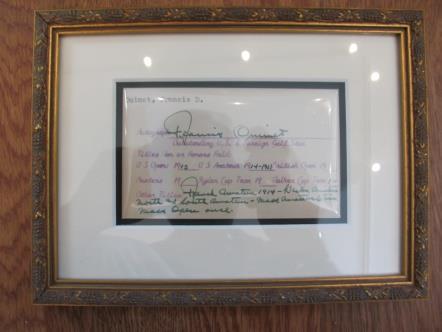 Autographed mimeographed page signed by Francis Ouimet in green pen, the page that was also