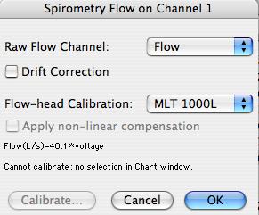 Figure 8. The Spirometry Flow dialog box. 2. Go to the pull down menu for the volume channel and select Spiro. Volume. Click OK. Breathing Procedure 1.