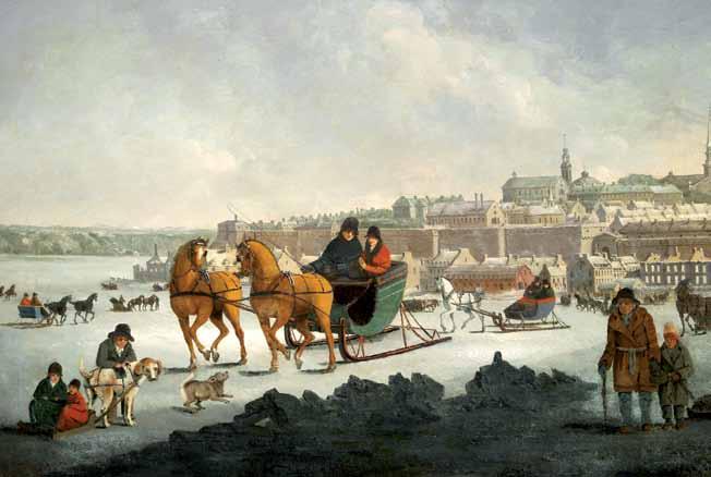 ABOVE: This romantic view, painted by George Heriot, depicts sleighs gliding over the frozen St.