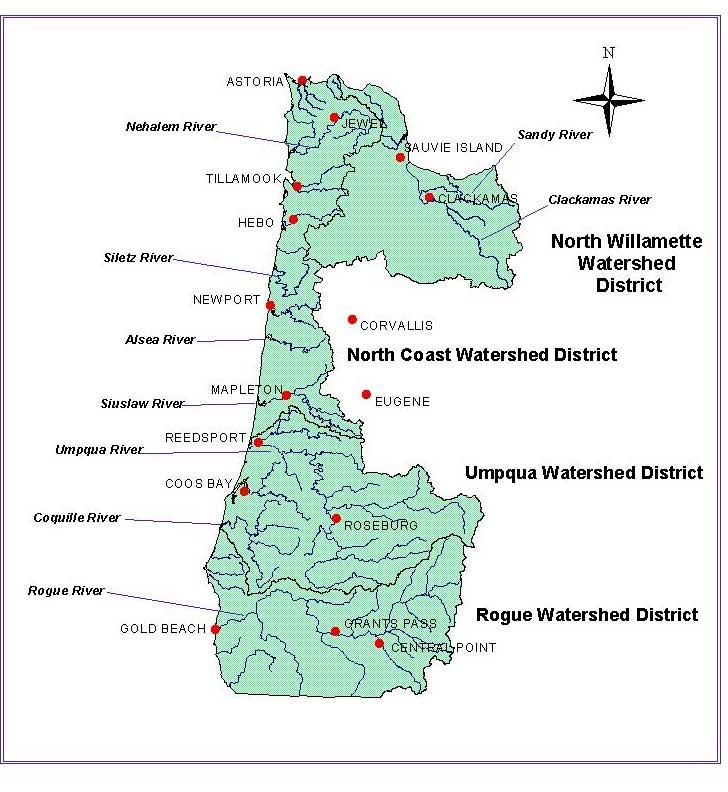 Map of the Oregon coast showing major river basins, locations of spawner