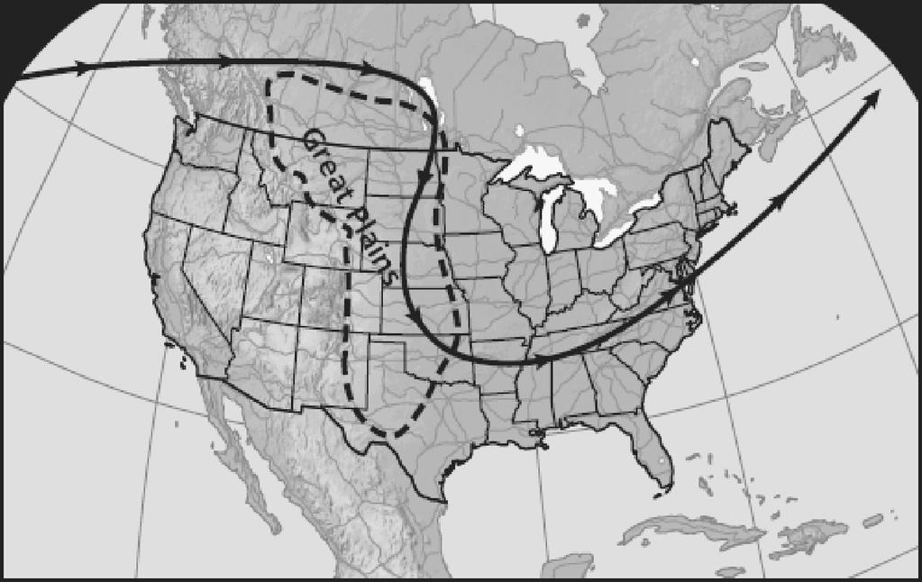 28. The following satellite map shows the path of a jet stream above North merica.