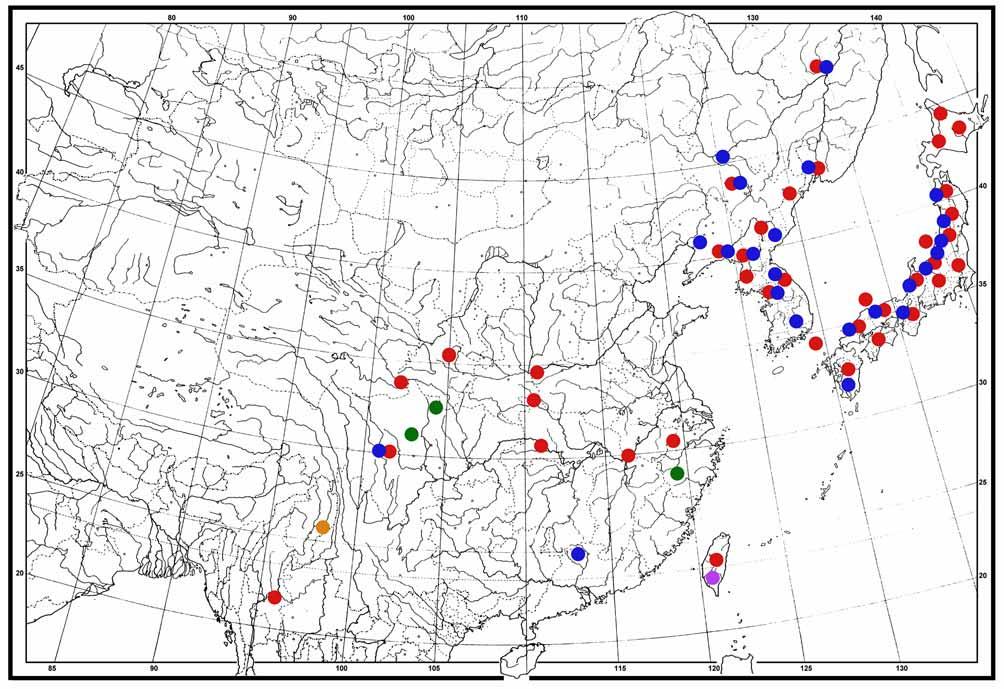 FIGURES 19. Distribution map of Antigius species; red circle, A. attilia, blue circle, A. butleri, green circle, A. cheni, orange circle, A. shizuyai; purple circle, A. jinpingi.