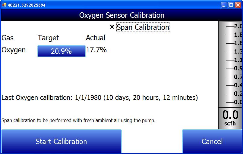 To perform a Span calibration: Take the instrument to an office or outdoors where it will be in fresh air. Press the Calibrate O2 button on the Sensor Calibration screen.