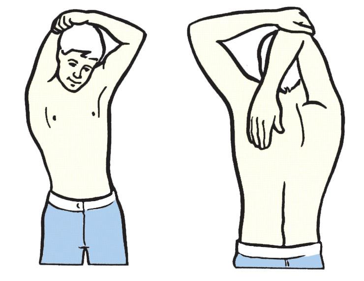 Place right elbow in left hand and gently pull arm across body as far as it will go. Do not rotate your torso. Hold for 10-15 seconds then repeat with left arm.