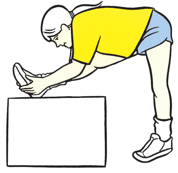 Hamstring & Lower Back Stretch Place one foot on an object with the leg straight. Slowly bend forward, towards the knee, with both hands reaching towards the foot. Hold for 10 seconds. Repeat 3 times.