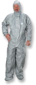 Encapsulated suit has a strong heat-sealed storm flap with Velcro, 20 mil PVC face shield, elastic wrists, 2 exhaust ports with shrouds and attached sock boots with boot flaps. Tychem F Coverall $47.