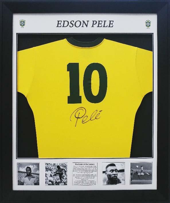 Pele Brazilian jumper personally signed framed with custom design backing board and career stats A personally signed Brazilian jersey by Edson Pele.