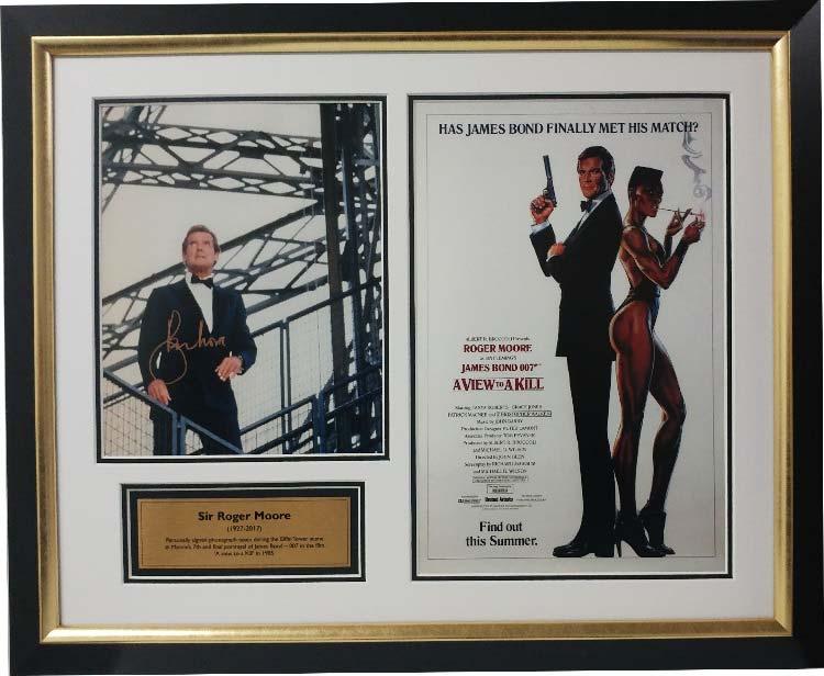 Sir Roger Moore personally Signed photograph from his last Bond movie roll.