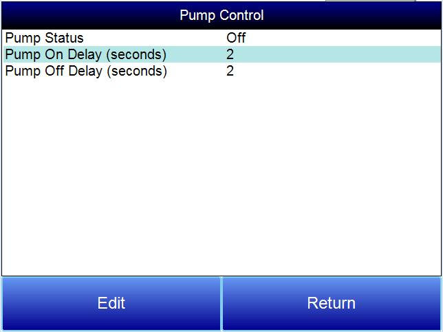 Pump Control The Pump Control screen will identify and allow the modification of the pump status (On or Off), as well as the amount of time (in seconds) to delay turning the pump on (Pump On