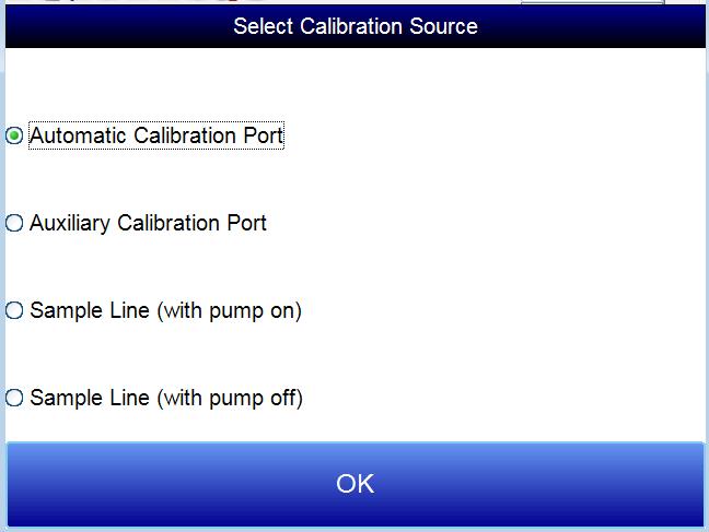 These sources are displayed when Sensor Calibration is first selected: Automatic Calibration Port, Auxiliary Calibration Port, Sample Line (with pump on), and Sample Line (with pump off).