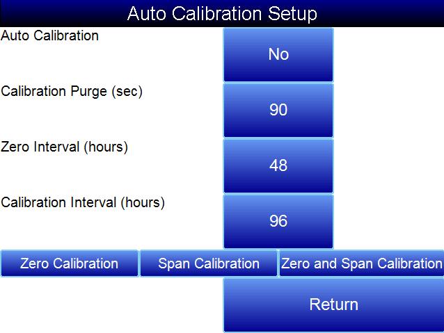 Auto Calibration Setup The automatic calibration feature allows the instrument to calibrate itself using external supplies of zero and span calibration gases at pre-determined intervals or events as