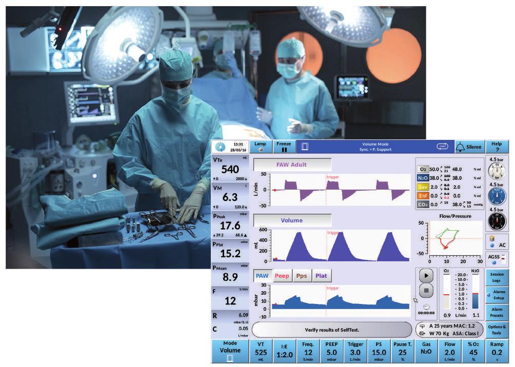 and ventilation technology comes easy to manage Design and ergonomics Complete and intuitive interface with settings, ventilation monitoring, anaesthetic gases monitoring, graphics, trends, AGSS