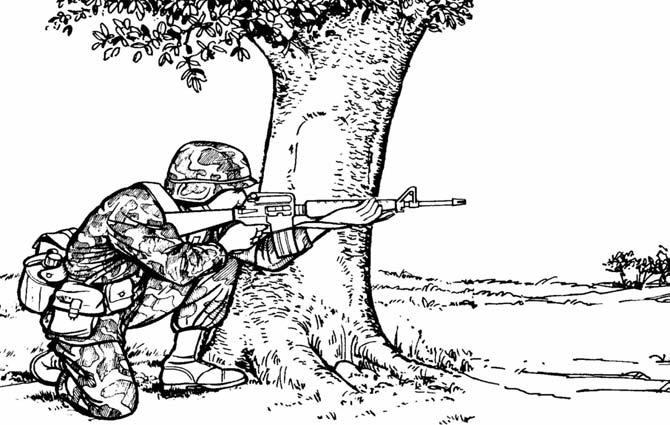 7-2. KNEELING SUPPORTED FIRING POSITION This position allows the soldier to obtain the height necessary to observe many target areas, taking advantage of available cover (Figure 7-2).