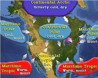Figure 15 Map showing the different types of air masses found on the Earth s surface. For example, North America.