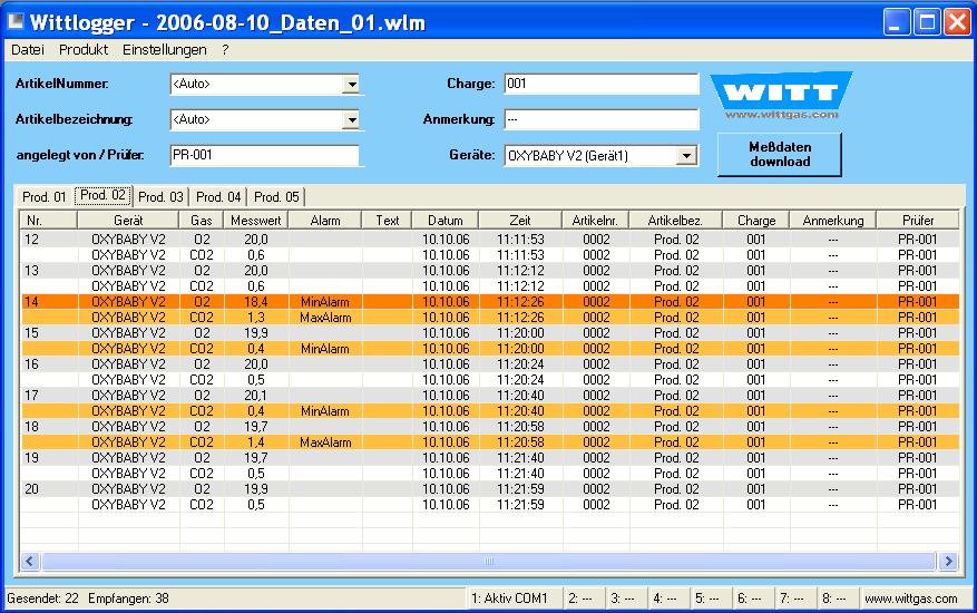 SOFTWARE WITT-LOGGER Windows-Software for the documentation of analysis-results of OXYBABY 6.0, MFA, PA and other WITT- equipment with control system (AWS).